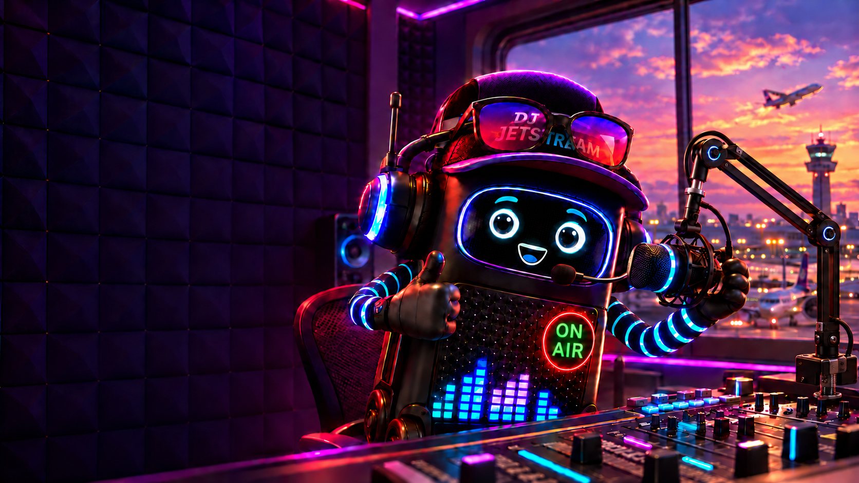 DJ Jetstream, a friendly glowing robot in headphones, gives a thumbs-up at the mic in the SPLUGGAGE Radio studio, with an airport sunset outside the window.
