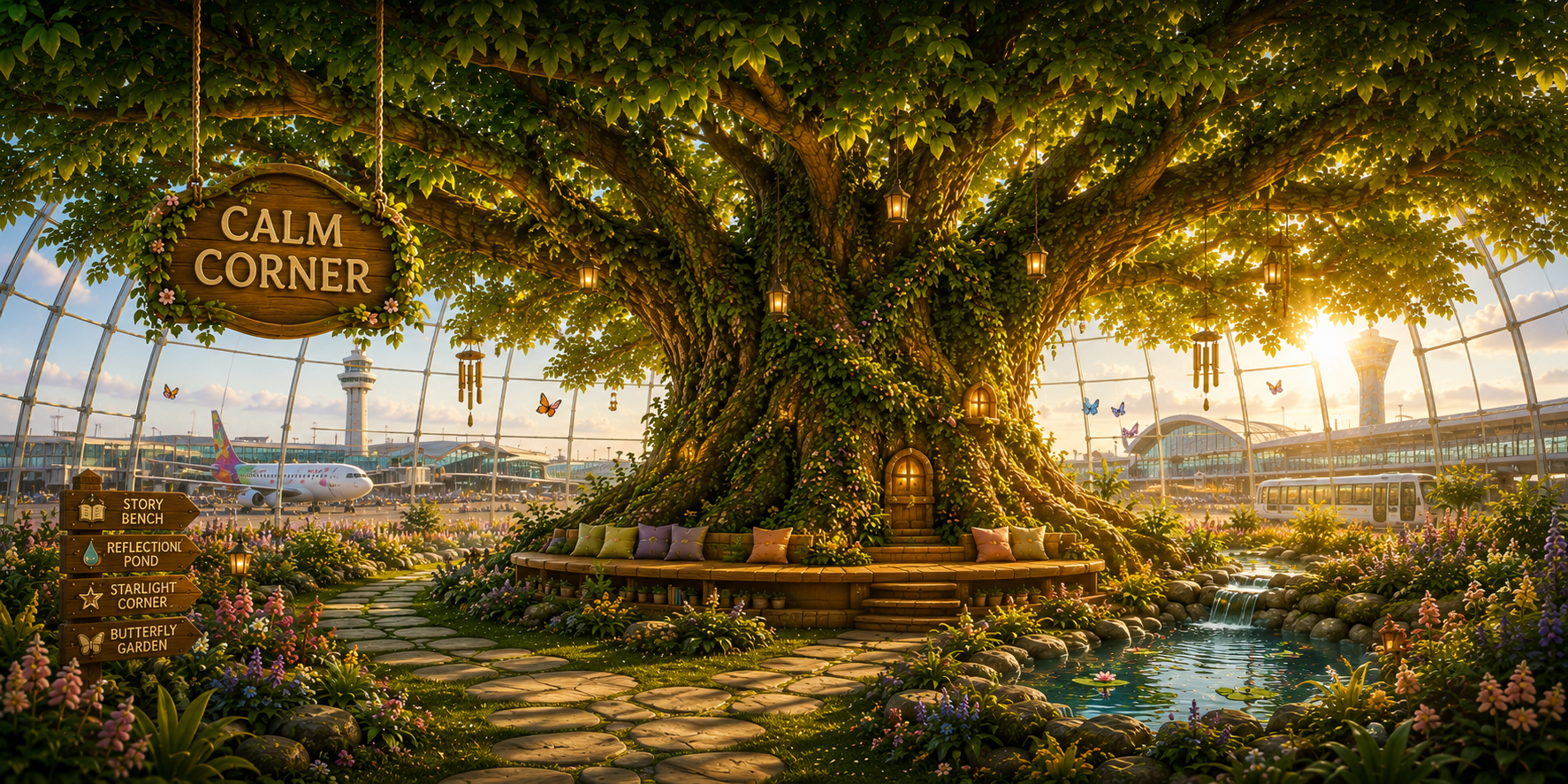 Calm Corner — a peaceful tree-house nook inside SPLUGGAGE Airport, with signs for Story Bench, Reflection Pond, Starlight Corner, and Butterfly Garden.