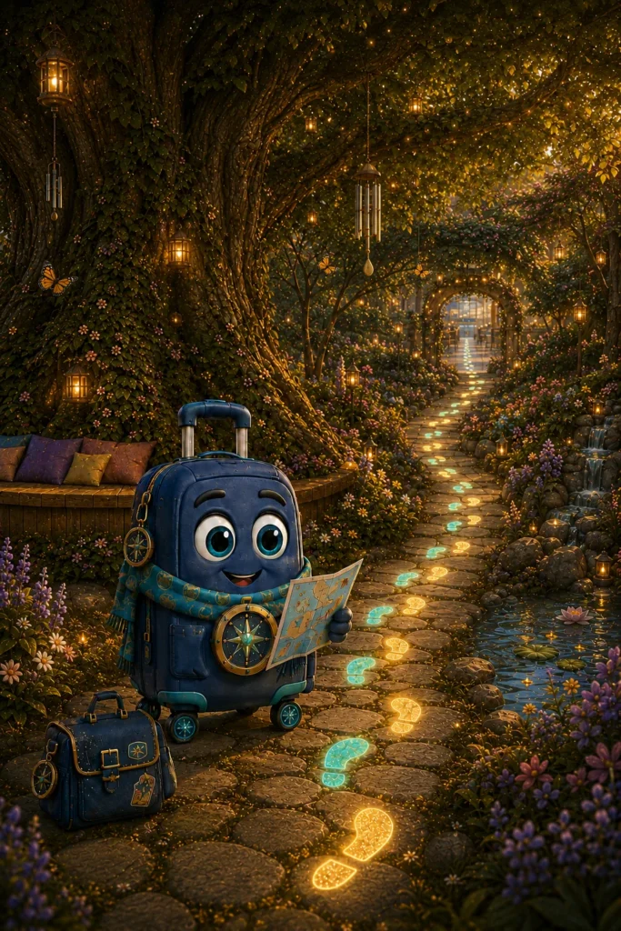 Austin Atlas standing beneath the Calm Tree with his map and travel bag. A pathway of gentle glowing footsteps leads toward SPLUGGAGE World Airport.