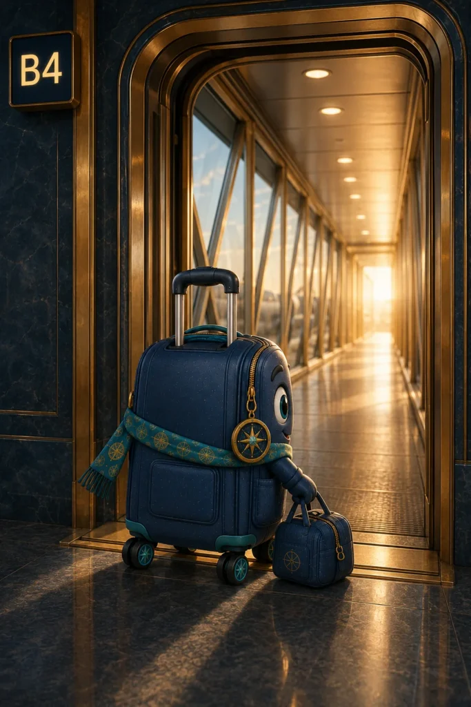 Austin crossing the boarding doorway with warm sunlight ahead.