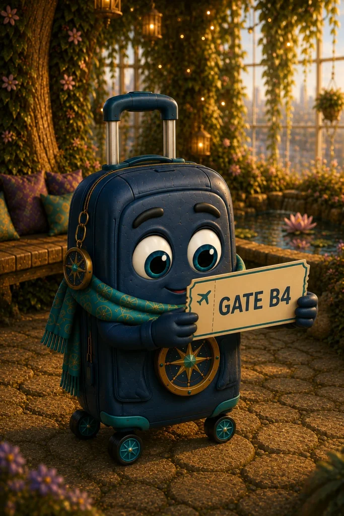 Close view of Austin holding his ticket. “GATE B4” is printed clearly in large letters.