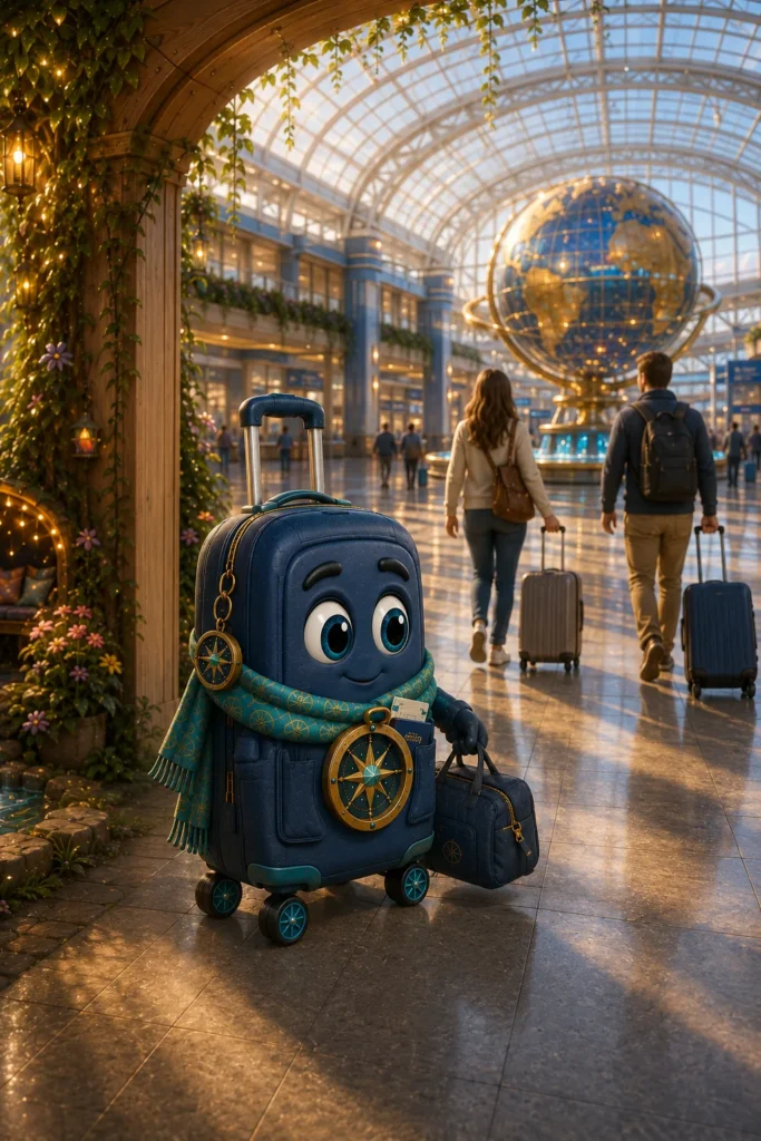 Austin entering the airport with his travel team. The World Plaza Globe is visible inside.