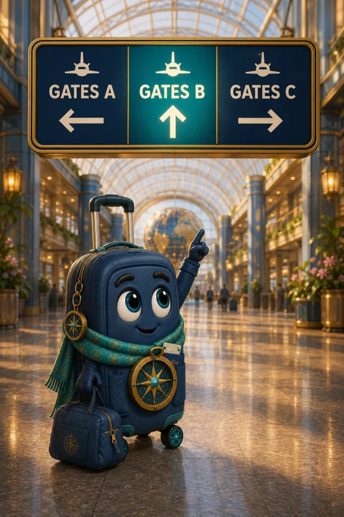 Austin beneath the large airport sign, pointing toward the Gates B arrow.