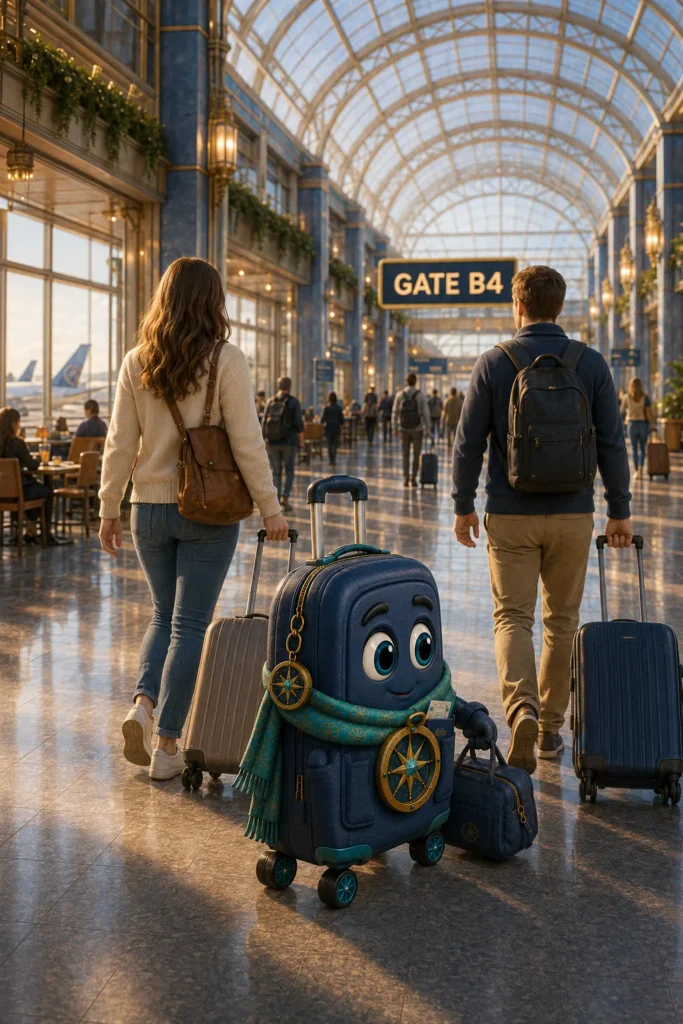 Austin moving confidently beside his travel team toward Gate B4.